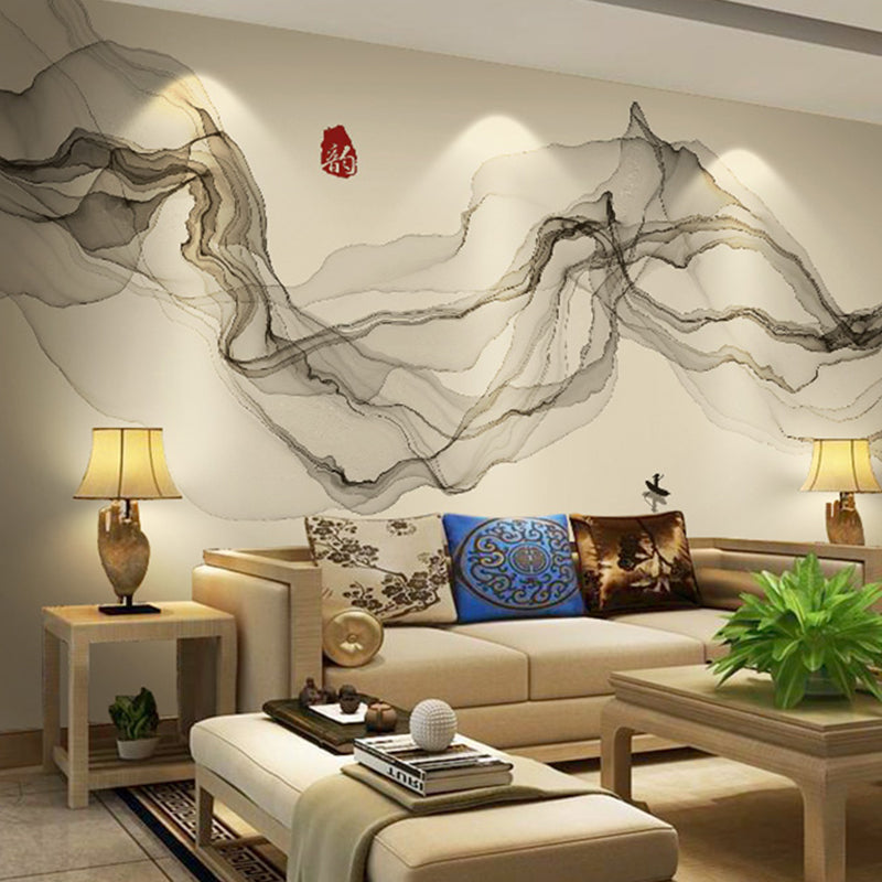 Large Illustration Style Traditional Mural for Coffee Shop with Veil and Fish man in Black and Grey