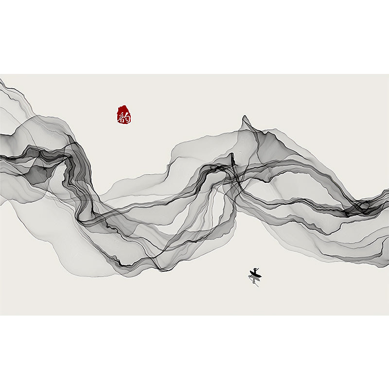 Large Illustration Style Traditional Mural for Coffee Shop with Veil and Fish man in Black and Grey