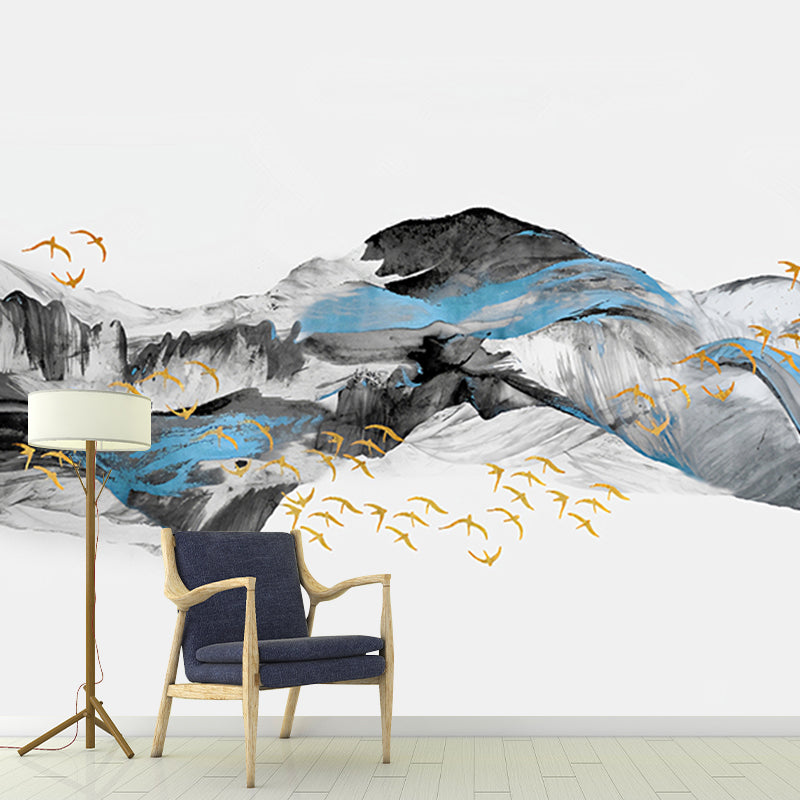 Full Size Chinese Mural Wallpaper Blue and Grey Wild Goose and Veil Wall Covering, Customized Size Available