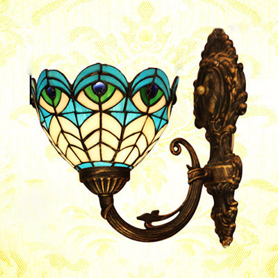 Scalloped Wall Sconce Light with Peacock Stained Glass 1 Bulb Tiffany Wall Lighting