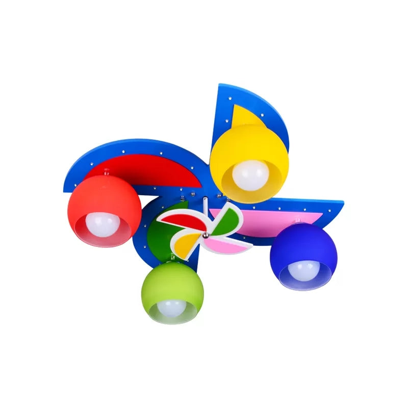 Cartoon Toy Windmill Ceiling Mount Light Wood Ceiling Lamp avec Globe Shade for Kindergarten