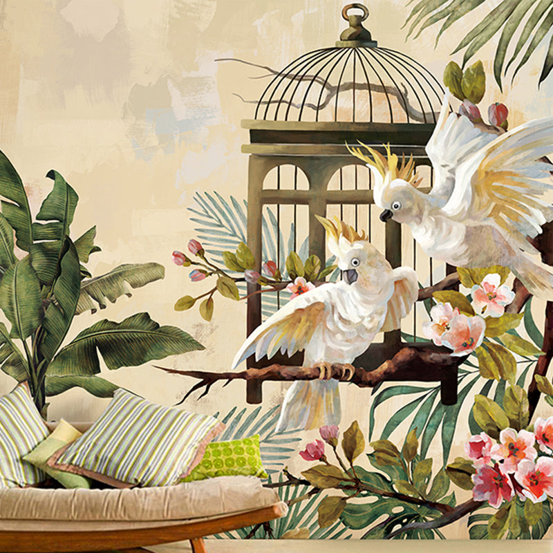 Full Bird and Branch Mural Fresh Novelty 3D Effect Wall Decor in Green