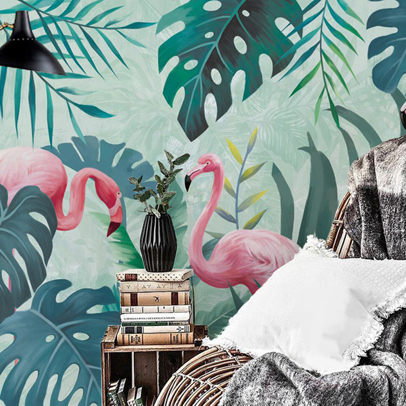 Green Flamingo and Jungle Mural Wallpaper Stain-Resistant Wall Covering for Gallery and Coffee Shop