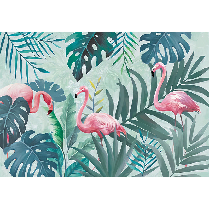 Green Flamingo and Jungle Mural Wallpaper Stain-Resistant Wall Covering for Gallery and Coffee Shop