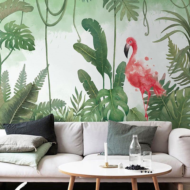 Illustration Style Flamingo Mural Wallpaper Full Size Wall Art for Guest Room, Customized Size Available