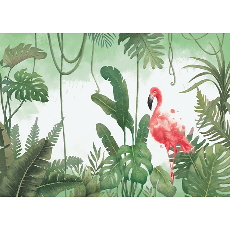Illustration Style Flamingo Mural Wallpaper Full Size Wall Art for Guest Room, Customized Size Available