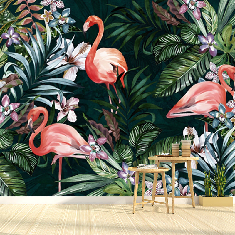 Tropical Flamingo and Forest Mural for Gallery, Extra Large Wall Covering in Soft Green