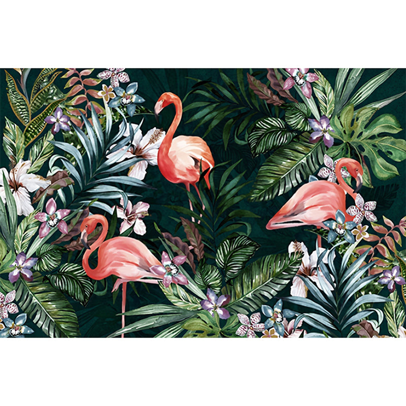 Tropical Flamingo and Forest Mural for Gallery, Extra Large Wall Covering in Soft Green