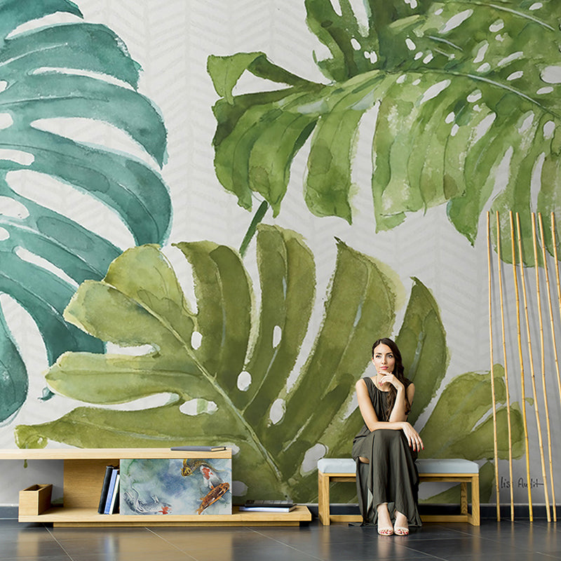 Whole Tropical Leaf Mural Wallpaper for Guest Room Green Plant Wall Covering in Green for Decor