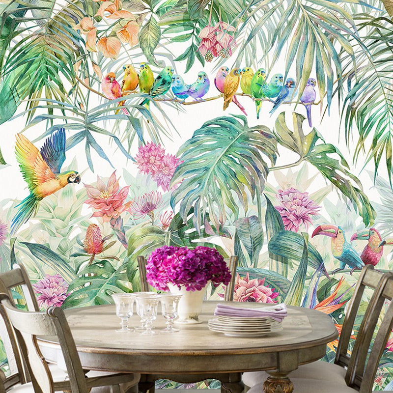 Whole Nordic Wall Art Soft Green Parrot and Jungle Mural, Customized Size Available