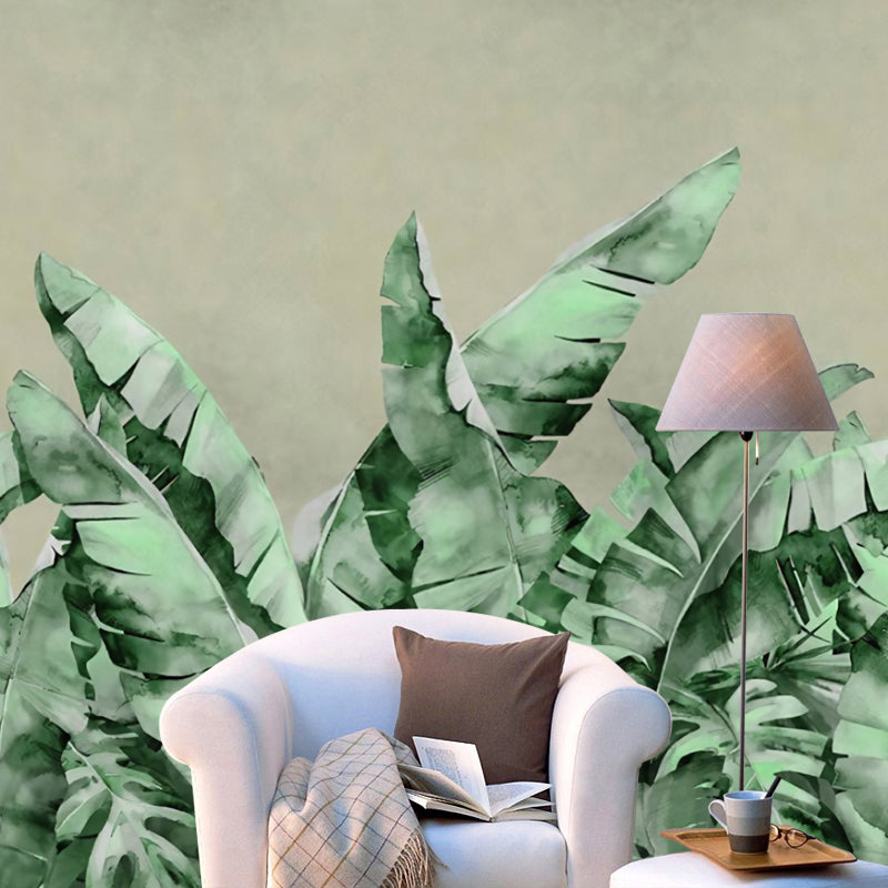 Green Contemporary Mural Wallpaper Full Size Banana Leaf Wall Decor for Commercial Use