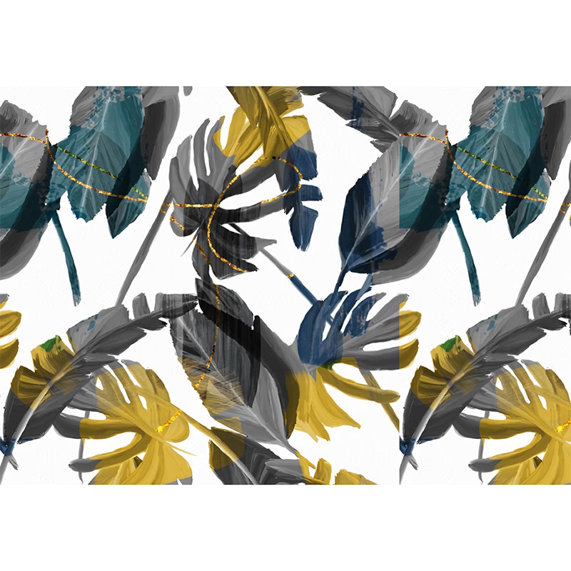 Grey and Yellow Wall Covering with Banana Leaf Pattern Stain-Resistant Mural for Gallery