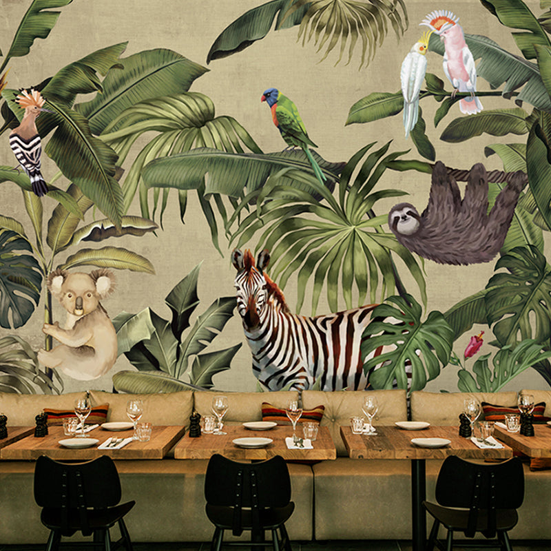 Large Wall Covering Green Forest and Animal Mural Wallpaper for Accent Wall, Non-Woven Material