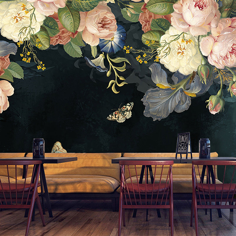 Non-Woven Fabric Mural Full Size Blackish Green Blossoming Rose Wall Decor, Personalized Size Available