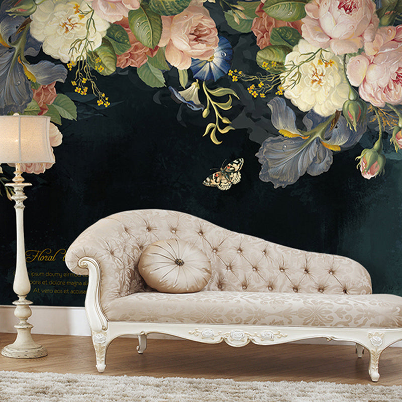 Non-Woven Fabric Mural Full Size Blackish Green Blossoming Rose Wall Decor, Personalized Size Available