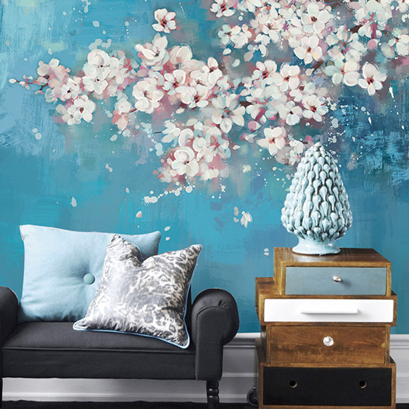 Full Size Cluster Flower Wall Mural Pink and Blue Non-Woven Fabric Wall Covering for Accent Wall, Custom Size Available