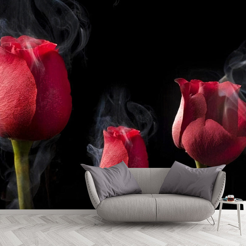 Red and Black Mural Wallpaper with Rose Bud Design Stain-Resistant Wall Art for Accent Wall