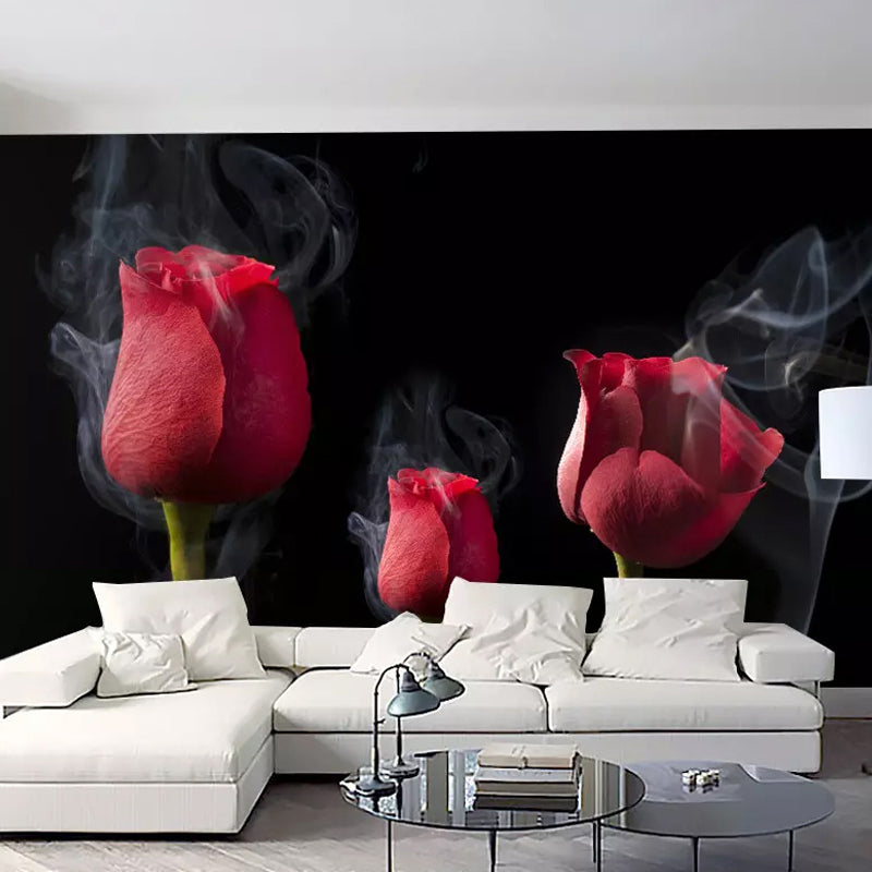 Red and Black Mural Wallpaper with Rose Bud Design Stain-Resistant Wall Art for Accent Wall