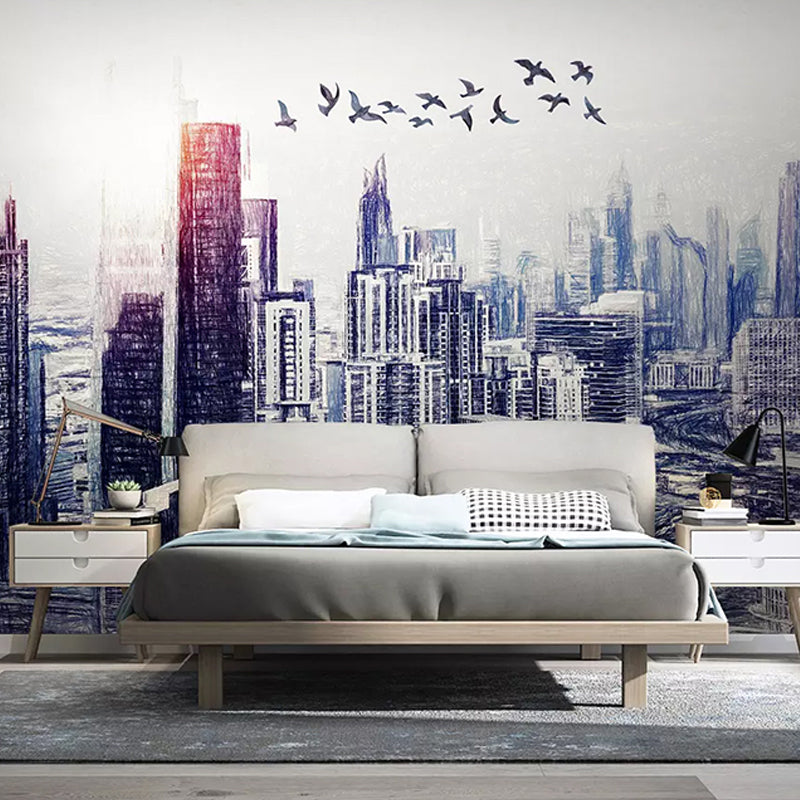Customized Illustration Mural Wallpaper Abstract Modern Wall Covering for Decor with 3D City View in Blue and White