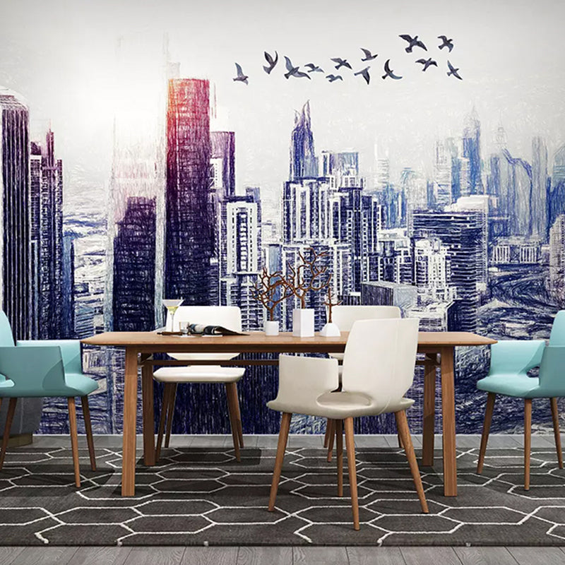 Customized Illustration Mural Wallpaper Abstract Modern Wall Covering for Decor with 3D City View in Blue and White