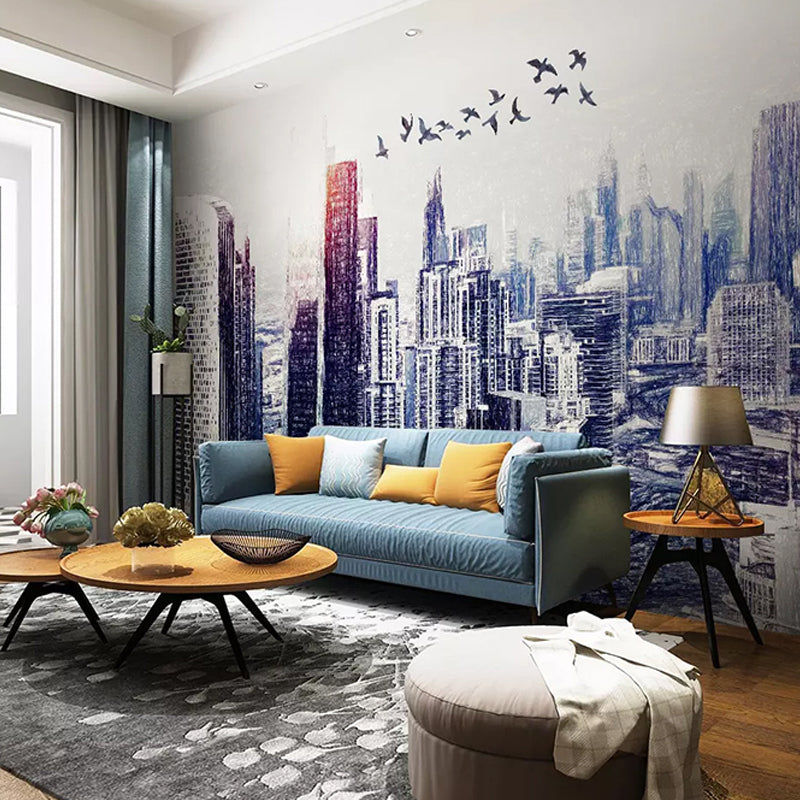 Customized Illustration Mural Wallpaper Abstract Modern Wall Covering for Decor with 3D City View in Blue and White