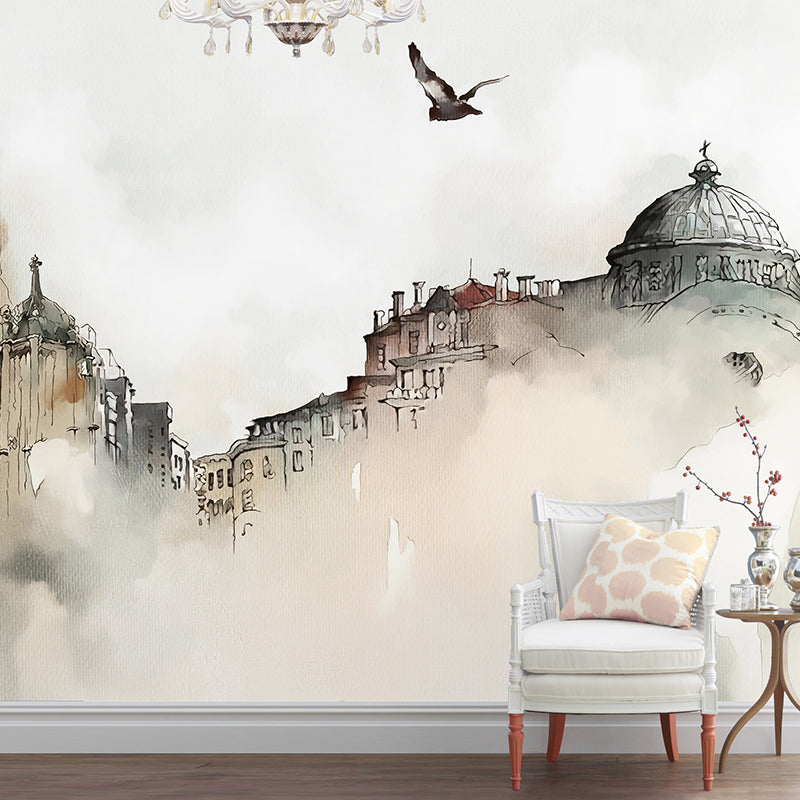 Giant Grey and White Murals Nordic Distressed Building and Flying Bird Wall Art for Bar, Non-Woven Material