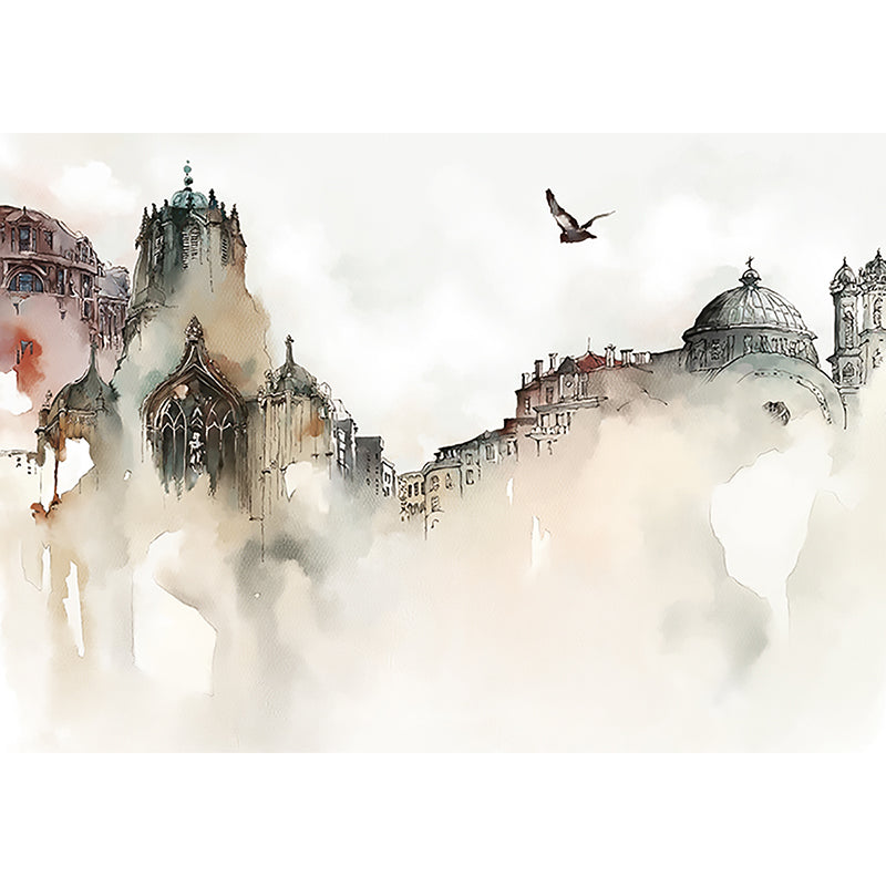 Giant Grey and White Murals Nordic Distressed Building and Flying Bird Wall Art for Bar, Non-Woven Material