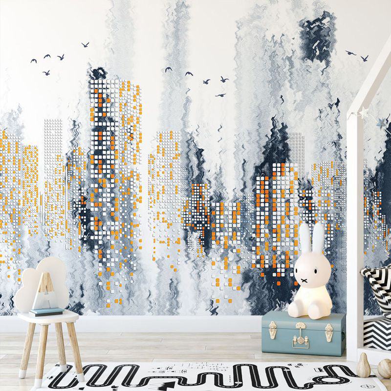 Modern Abstract Mural Wallpaper for Decoration, Grey and Yellow Urban Night Scene, Personalized Size Available