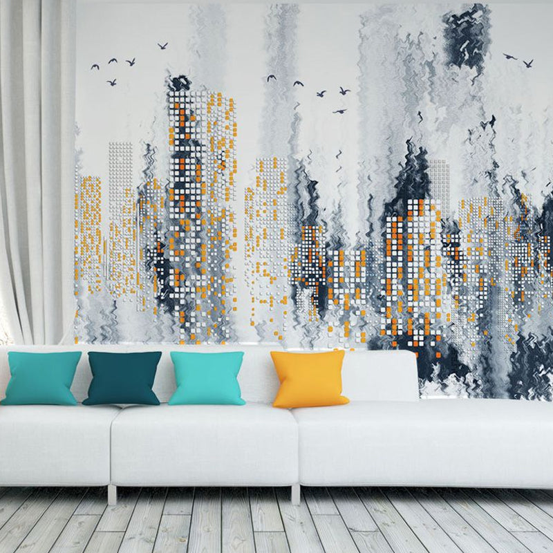 Modern Abstract Mural Wallpaper for Decoration, Grey and Yellow Urban Night Scene, Personalized Size Available