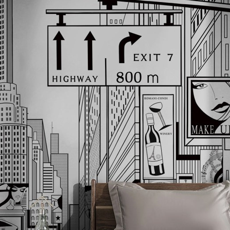 Illustration Style Mural Wallpaper Urban Crossroad and Street Custom Wall Art for Coffee Shop, Made to Measure