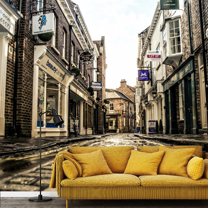 Large Printed Photo Mural Wallpaper Street and European Building Wall Art for Bar and Coffee Shop, Pastel Yellow