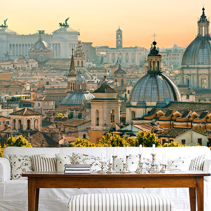 Photo Style Contemporary Mural Wallpaper for Bedroom with Urban View and Classic Building in Neutral Color