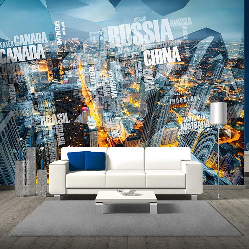 Full Size Wall Decor for Living Room Name of Various Countries and Retro Tower Wall Mural in Warm Color, Stain Resistant