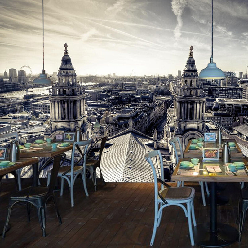 European Classic Murals for Coffee Shop and Restaurant, Street View and Church in Grey and White, Customized Size Available