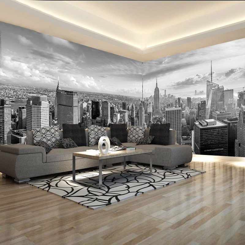 Contemporary City View Mural Wallpaper for Accent Wall, Black and White, Made to Measure