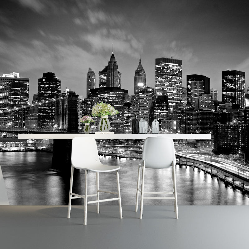 Modern Simple Wall Mural Black Night Scene of Bridge and Skyscraper Giant Wall Covering, Made to Measure