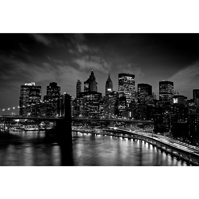 Modern Simple Wall Mural Black Night Scene of Bridge and Skyscraper Giant Wall Covering, Made to Measure