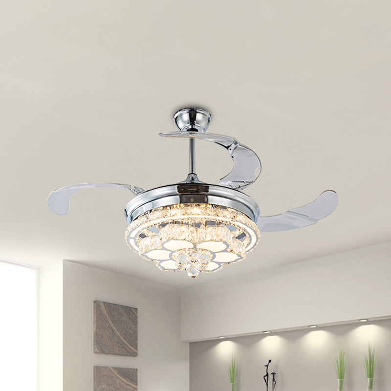 Crystal-ingelegde Chrome Fan Light Kit Floral 3-Blade Modernistische LED Semi Mount Lighting, 19,5 "breedte