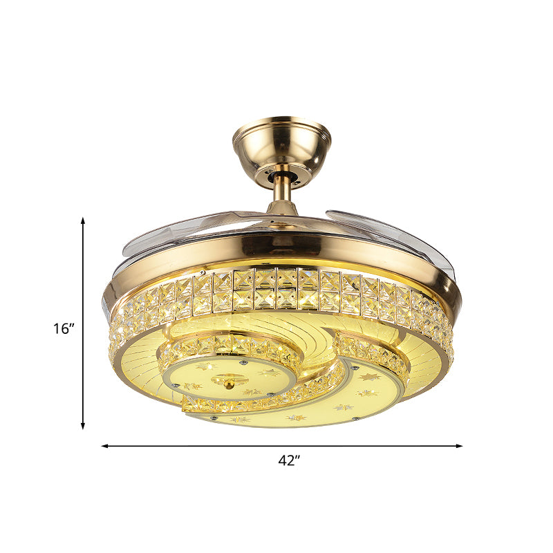 3 Blades Crescent Schlafzimmer Lüfter Beleuchtung Einfachheit Kristall Gold LED SEMI BUSH MOUND Deckenbehandlung, 42,5 "breit