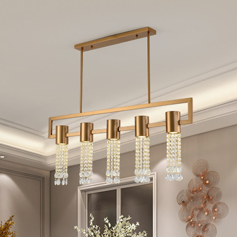Brass 15-Light Island Pendant Postmodern Crystal Draping Linear Suspended Lighting Fixture