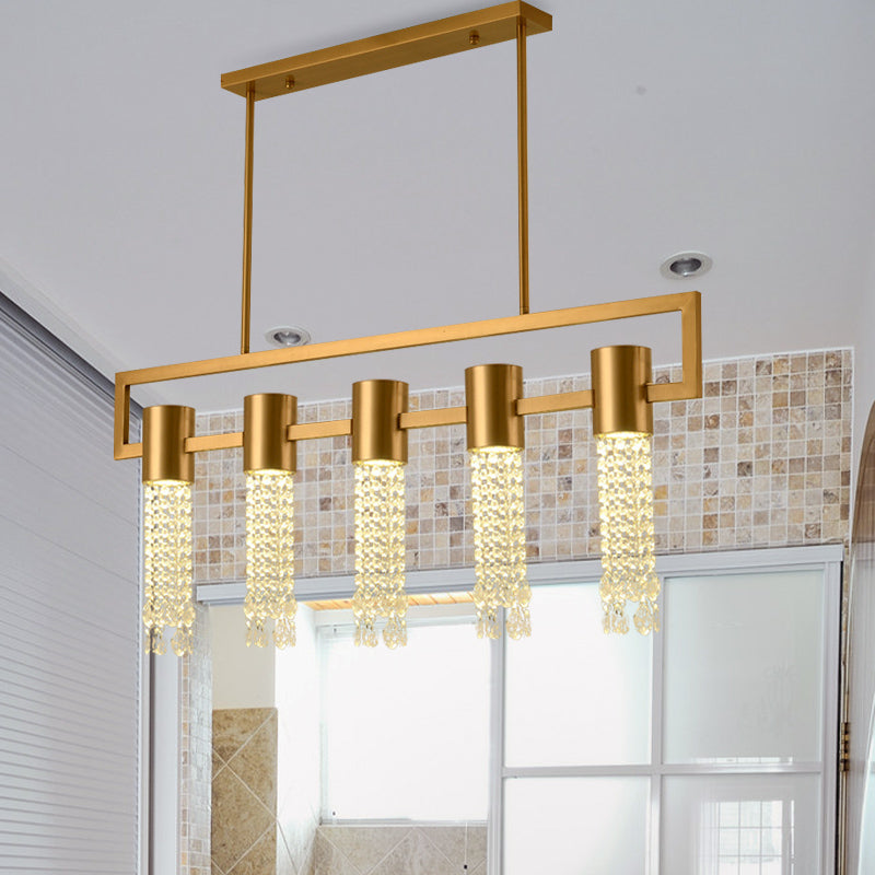 Brass 15-Light Island Pendant Postmodern Crystal Draping Linear Suspended Lighting Fixture