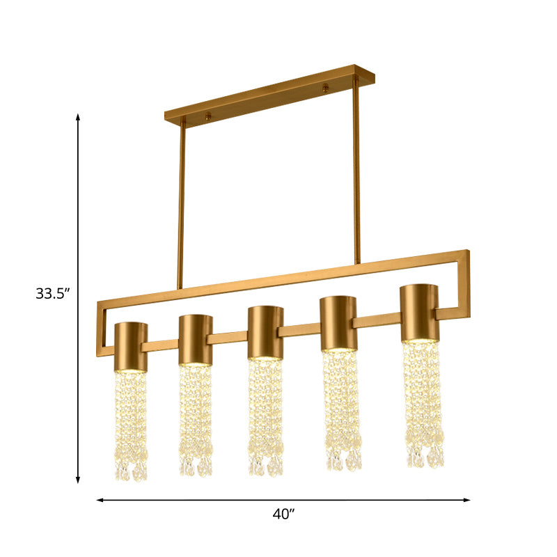 Brass 15-Light Island Pendant Postmodern Crystal Draping Linear Suspended Lighting Fixture