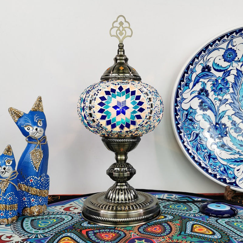 Moroccan Oblong Night Light Single Bulb Stained Art Glass Nightstand Lamp in Beige/Red/Blue for Cafe