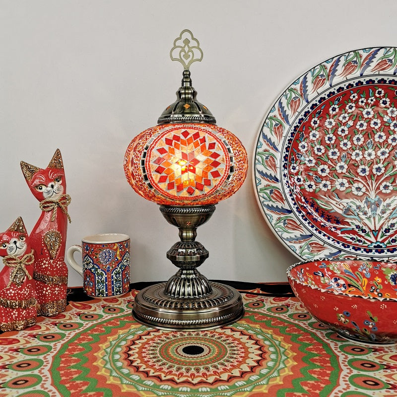 Moroccan Oblong Night Light Single Bulb Stained Art Glass Nightstand Lamp in Beige/Red/Blue for Cafe