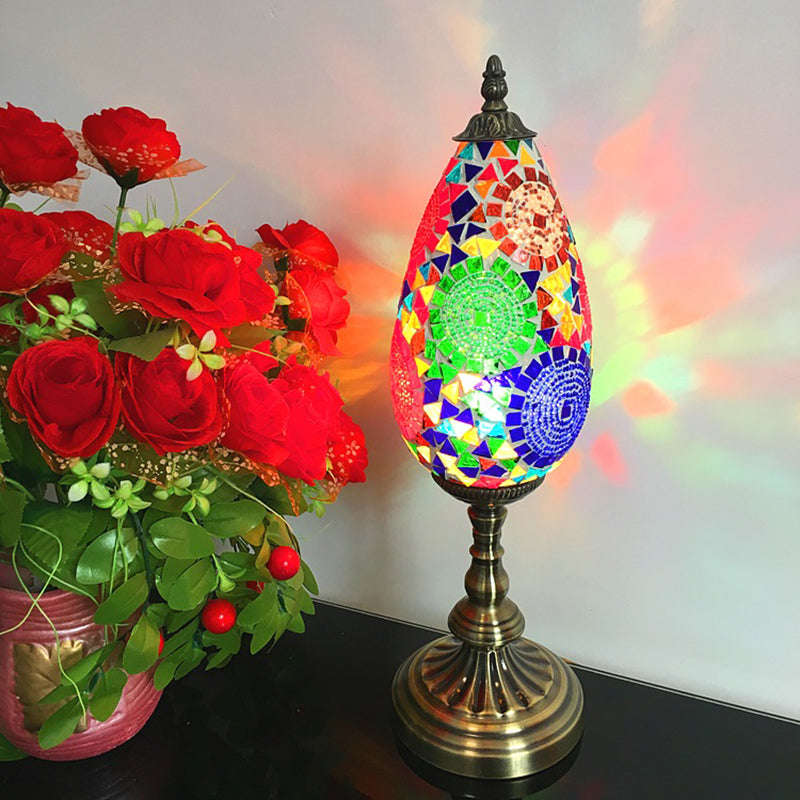 Orange/Red 1 Bulb Table Light Antique Stained Art Glass Teardrop Plug In Nightstand Lamp for Living Room