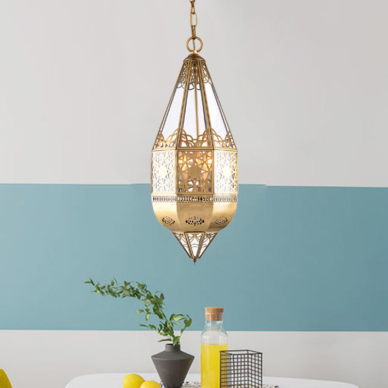 1 Head Clear Glass Pendant Lamp Arabian Brass Lantern Restaurant Ceiling Light with Hollow Pattern