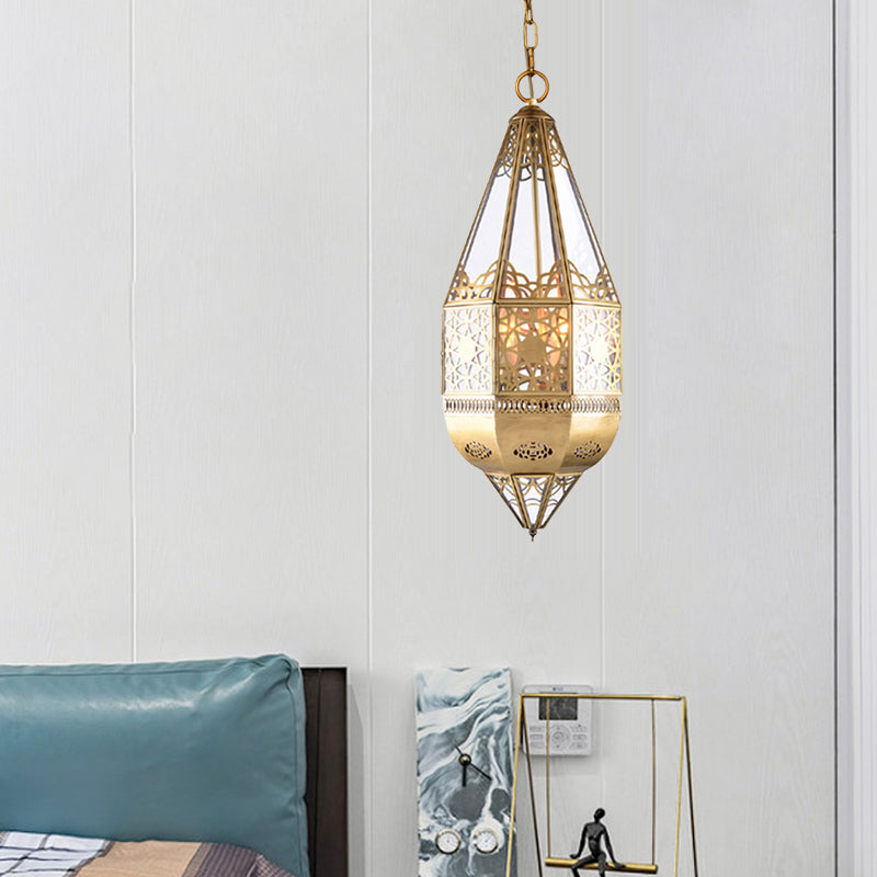 1 Head Clear Glass Pendant Lamp Arabian Brass Lantern Restaurant Ceiling Light with Hollow Pattern