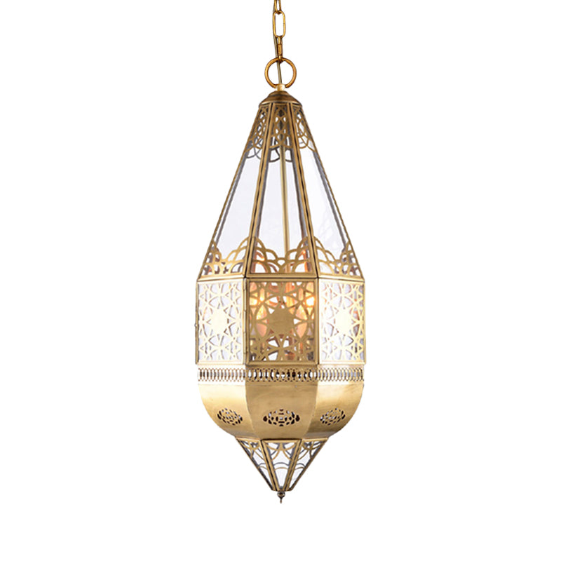 1 Head Clear Glass Pendant Lamp Arabian Brass Lantern Restaurant Ceiling Light with Hollow Pattern