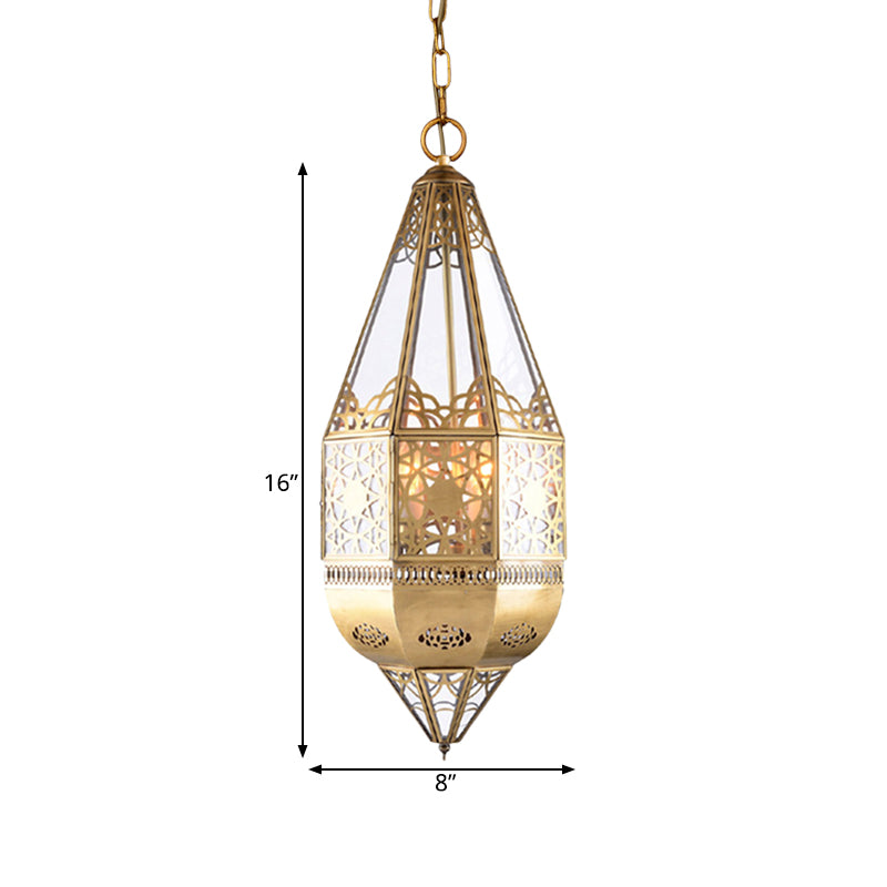 1 Head Clear Glass Pendant Lamp Arabian Brass Lantern Restaurant Ceiling Light with Hollow Pattern