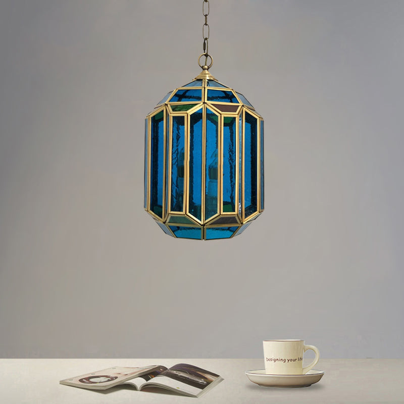 Blue Glass Lantern Ceiling Lamp Vintage 1-Light Bedroom Hanging Pendant Light with Open Bottom